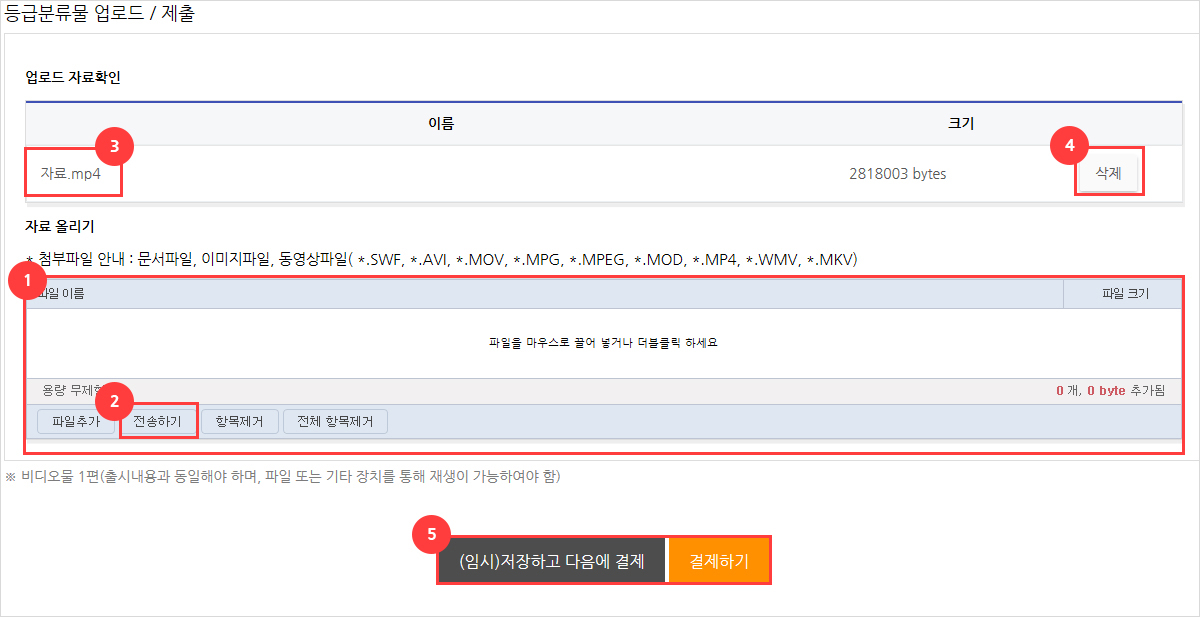 등급분류물 업로드/제출 화면